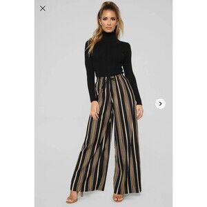Fashion Nova Women's One Size Black Gold Striped High Rise Pleated Palazzo Pants